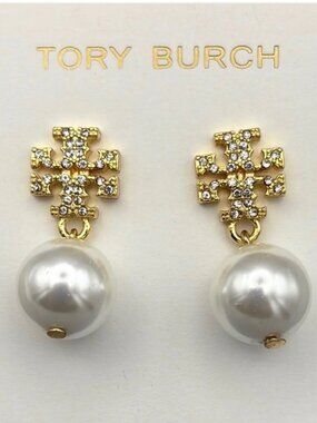 Tory Burch Diamond-Set Double T Logo Pearl Dangle Earrings